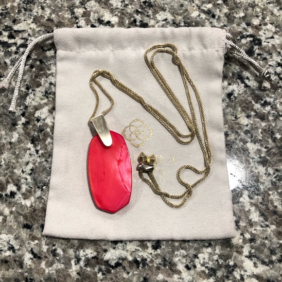 Inez Gold Long Pendant Necklace In Red MOP - Picture 2 of 5